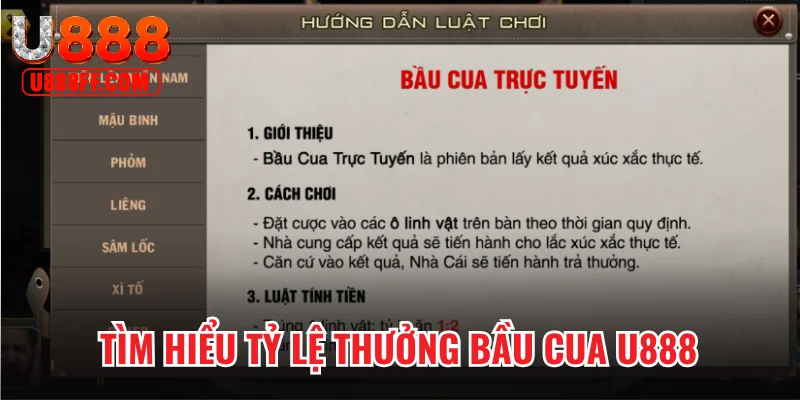 Tìm hiểu tỷ lệ thưởng Bầu Cua U888